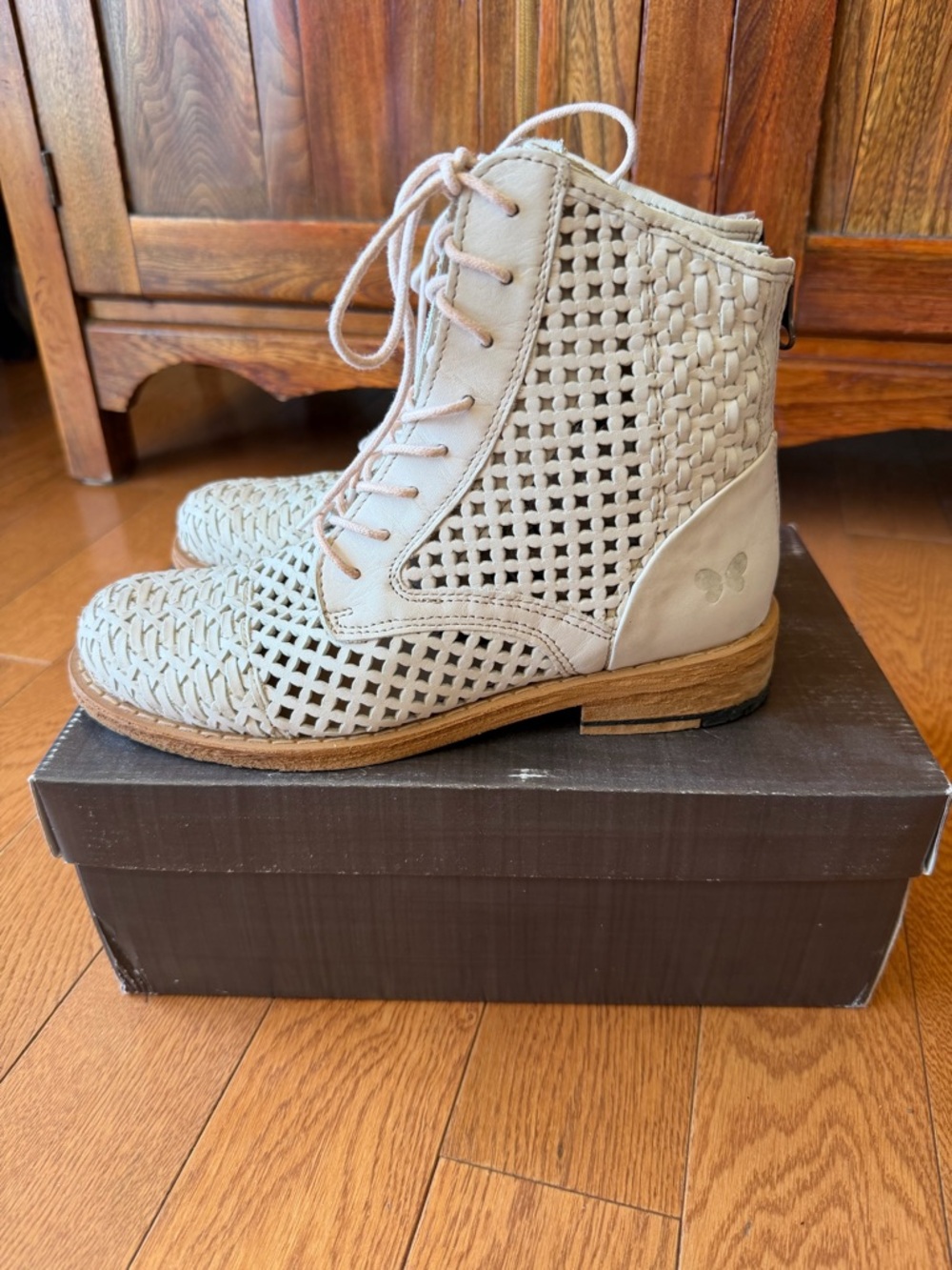Woven Lace-Up Ankle Boots - Light Cream